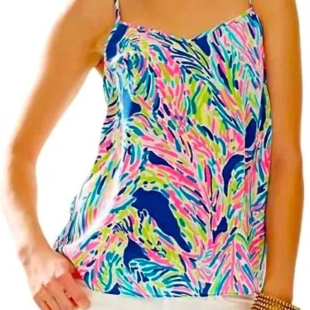 Lilly Pulitzer 100% Silk Dusk Top in Indigo Palm Reader Size Medium